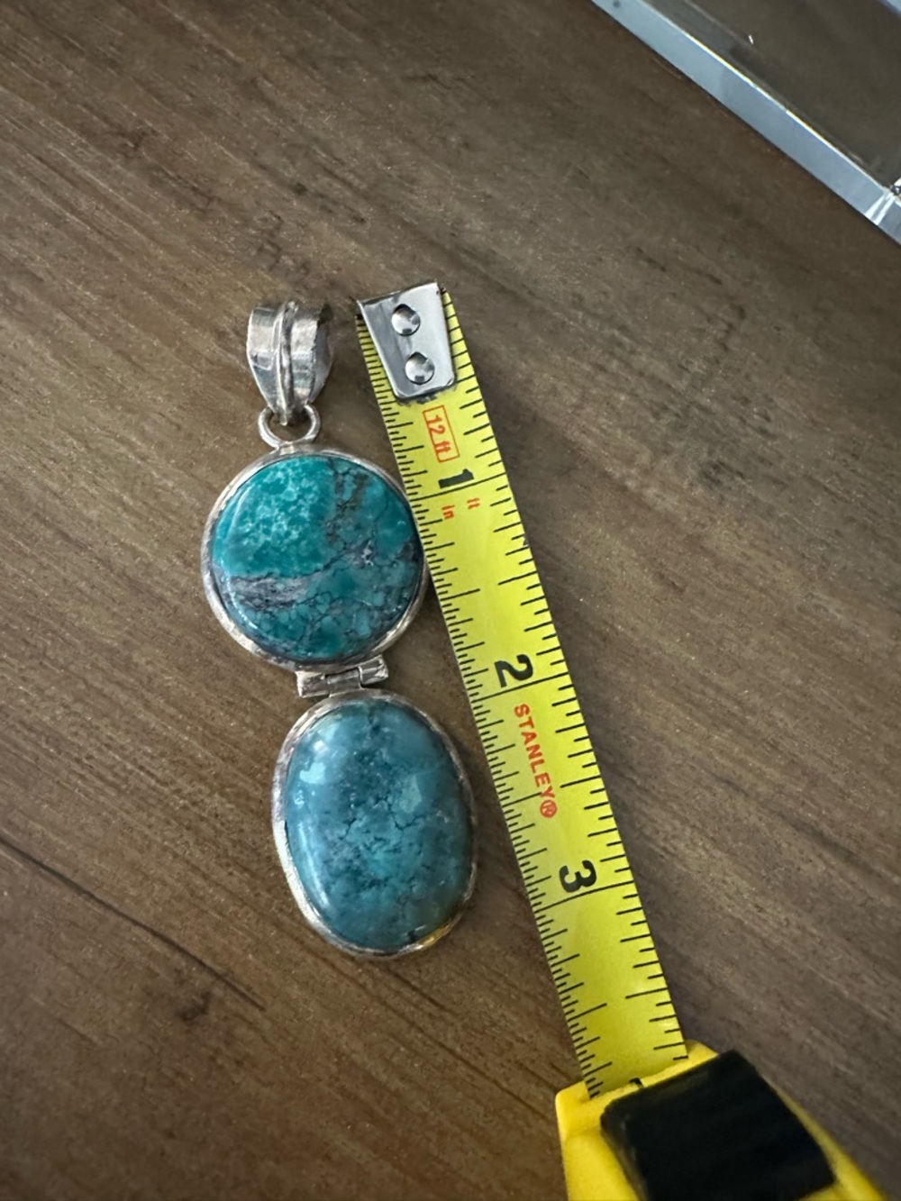 Vintage Turquoise Double Stone Pendant Necklace - Blue Green Sterling-Style - Picture 4 of 9